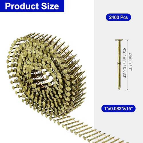 uxcell 2400 Count Siding Nails 1" x 0.083" 15-Degree Ring Shank Full Round Head Collated Wire Coil for Lath and Sheathing Materials 1" x 0.083"