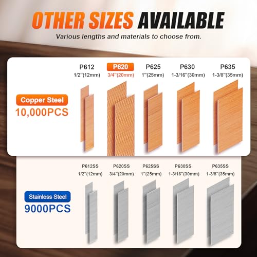 KIMSING P620 23 Gauge 3/4-Inch Length Pinner Headless Nails × 10,000PCS with 5 Sizes Assorted Stainless Steel Headless Pin Nails × 4,500PCS