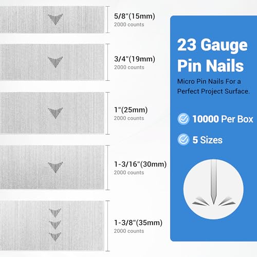 meite 1/2" Galvanized 23 Gauge Pin Nails - 10000 Counts and Assorted 5 Sizes (5/8", 3/4", 1", 1-3/16", 1-3/8") Galvanized Pin Nails - 10000 Counts