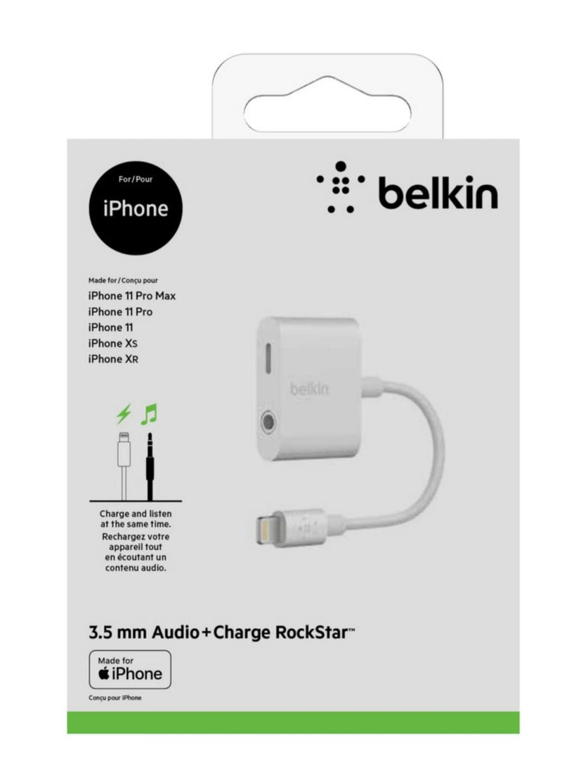 Belkin RockStar Lightning Audio Cable and Charger for iPhone 14, 13, 12, 11, 10 - White 3.5MM Audio + Lightning Charge