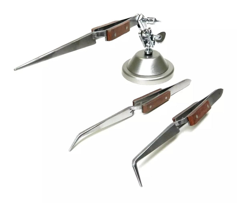3rd Hand with 3 Fiber Grip Tweezers Cross Locking -Third Hand Base & Tweezer Set