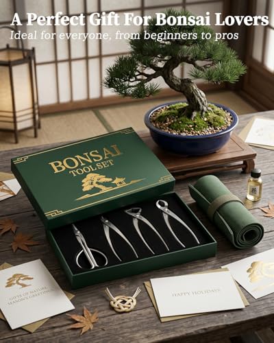 Bonsai Tool Kit 4PCS with Tool Roll Bag & Luxury Gift Box, Bonsai Tools Set 4-Piece Set