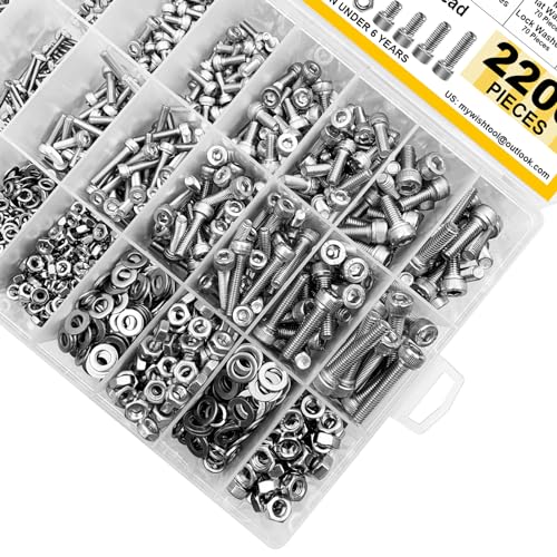 Mywish 900Pcs M3 M4 M5 M6 Metric Screw Assortment Kit with Bolts Nuts & Flat Washers & 2200Pcs M2-M5 Metric Screw Assortment Kit, Stainless Steel Hex Bolts & Nuts