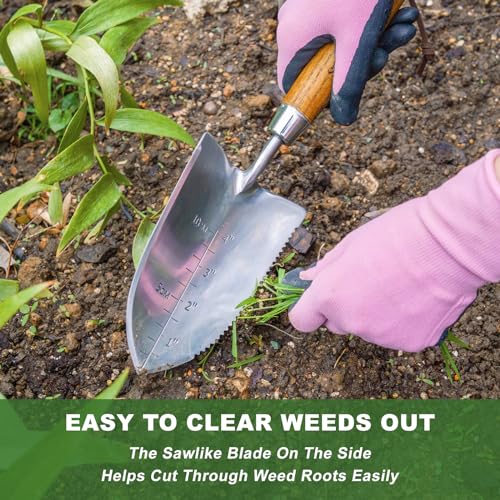 Haliaeetus Gardening Sickle Hoe, 4'' Depth Marks Planting Shovel, V-Shaped Sharp Edge Garden Shovel, Stainless Steel Hand Shovel with Comfortable Wood Handle for Planting and Weeding