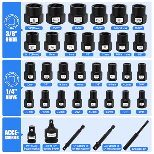 Mayouko Bolt Extractor Set, 34-Piece Bolt and Nut Remover Set, 1/4"&3/8" Drive Remover Tool with Adapters, CR-MO Steel Bolt Extractor Set for Removing Damaged Rusted Bolts, Nuts and Screws