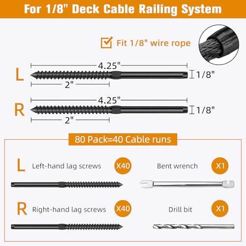 Swage Lag Screws for Cable Railing - 80 Pack Black T316 Stainless Steel Left and Right Handed Thread - 1/8" Cable Railing Hardware Kit for Deck Stair Wood Post Railing System 1/8''