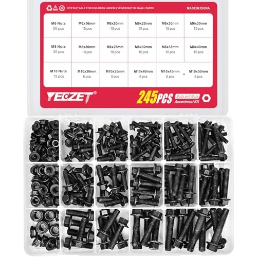Flanged Bolts and Nuts Kit, Black Alloy Steel Grade 10.9, 245 Pieces, M6 M8 M10, Hex Flange Head, Black Oxide Finish 245PCS M6 M8 M10 Bolts and Nuts Kit