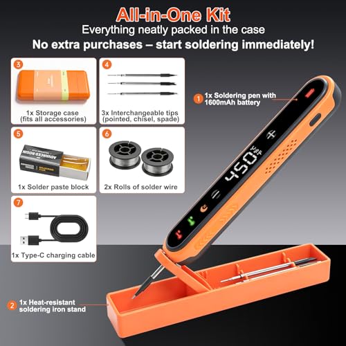 Soldering Iron Set, 1600 mAh USB Wireless Soldering Iron for DIY Projects | Adjustable temperature 180℃-450℃, 3 soldering tips, soldering wire, solder paste, for electronics repairs, electrical work Orange Wireless soldering iron set