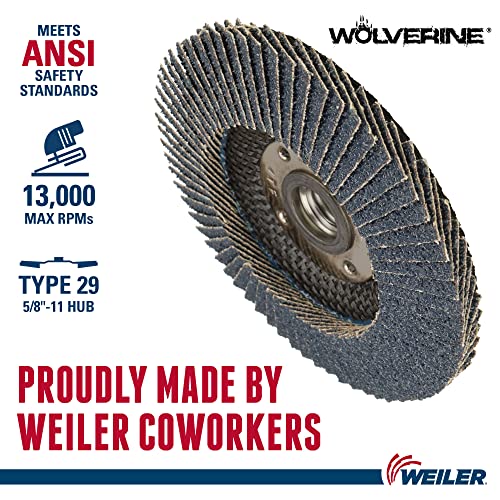 Weiler 31349 Wolverine 4-1/2" x 5/8"-11 UNC NUT Abrasive Flap Disc, 36 Grit Zirconia Alumina, Bevel Type 29, Phenolic Backing, Standard Density (Pack of 10) Value Steel / Metal