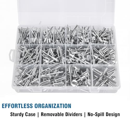 Aluminum Pop Rivets Assortment Kit for Metal, Wood, PVC, Automotive & DIY Projects,3/32" 1/8" 5/32" 3/16" 1/4" Blind Rivets Set with Dome Head - 600 Pcs 15 Sizes, Remaches Para Metal