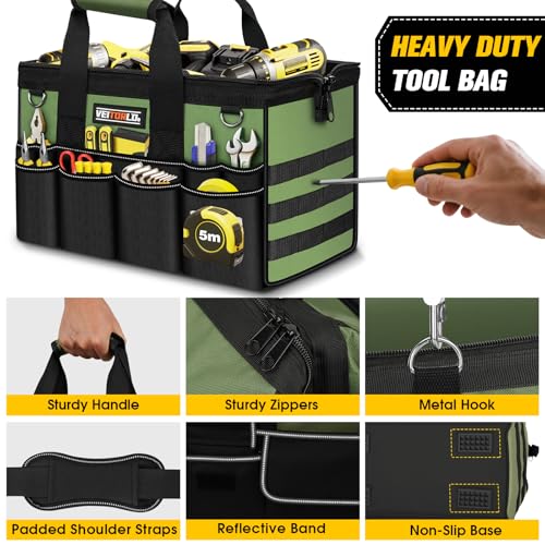 18-Inch Heavy Duty Tool Bag, 19-Pockets Tool Box Organizer, Portable Toolbag W/Soft Handle for Organized Storage, Mechanic Gifts for Men Dad Husband Fathers Day, Wide Mouth Electrician Toolbox, Green 18 Inch Handle