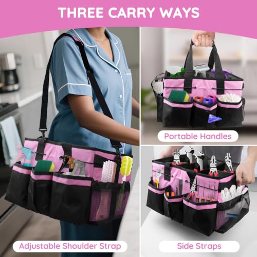 ZKOO Large Cleaning Caddy Bag with Handle, Built-in Sturdy Support Board, Adjustable Shoulder Strap, Multi-compartment Design Cleaning Supply Tote for Cleaners & Housekeepers (Pink) Pink