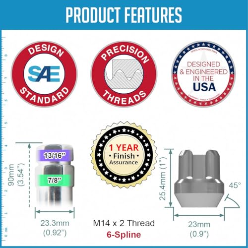 Wheel Accessories Parts 32 PCS M14x2 14x2 Thread Open End 25mm 1.00" Long Spline Lug Nuts Chrome Truck Spline Hex Fits Ford Excursion F250 F350 Super Duty 6 Spline Open