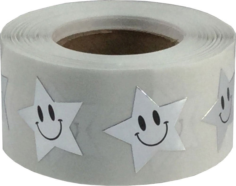Metallic Silver Happy Face Star Stickers, 0.75 Inch Star Shaped Adhesive Labels, 500 Total Reward Stickers on a Roll for Teachers, Classrooms, Motivation, Charts, and Incentives – Made in the USA Metallic Silver