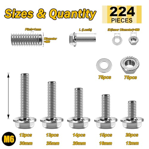 Mywish 30Pcs M5 x 40mm Flat Head Hex Socket Cap Screws Bolts & 224Pcs M6 Bolt x 12/16/20/25/30mm, M6x1.0 Bolt, Flanged Hex Head Bolts with Flange Nuts Washers, 304 Stainless Steel M6 Screws,