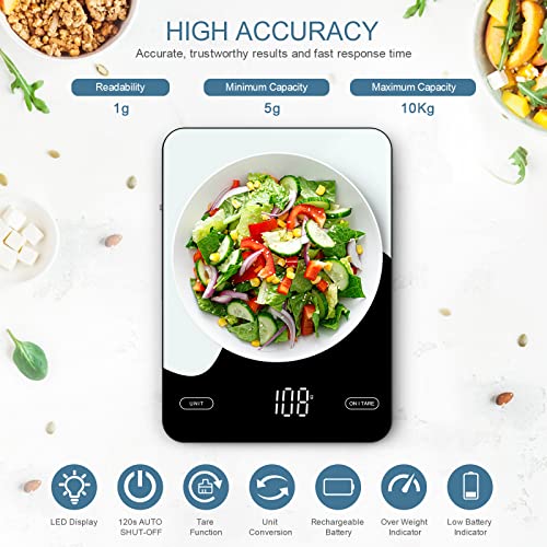 Digital Food Scale Rechargeable, 22lb/10kg Smart Kitchen Scales for Weight Loss, 1g/0.1oz Smart Food Scale with Nutrition Calculator APP, Kitchen Baking Mini Digital Scale