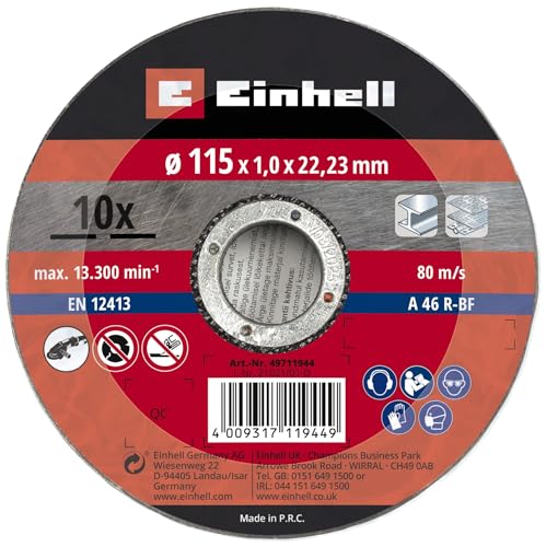 Original Einhell Cutting Disc Set Thin 115 x 1.0 mm (Angle Grinder Accessories, 10 Pieces, Diameter 115 x 1.0 x 22.23 mm, Max. 13,300 rpm, Extra Thin for Little Material Loss)