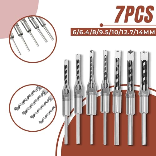 kimllier 7Pcs Square Hole Drill Bit, Stainless Steel Sharp Durable Mortising Chisel Set 6/25, 1/4, 5/16, 3/8, 2/5, 1/2, 9/16 Inch