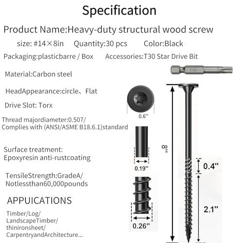 #14×8Inch Heavy Duty Outdoor Structural Screws, Rustproof Deck Screws, Star Driven Epoxy Wood Screws with T30 Drill Bit, No Pre-Drilling Required, for Woodworking Projects, 30Pcs #14×8in 30
