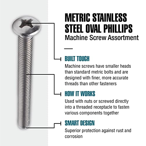 119 Piece Fastener Assortment Kit, Metric Stainless Steel Oval Phillips Machine Screw Set, M5 and M6 Diameters, Gray, Stainless Steel