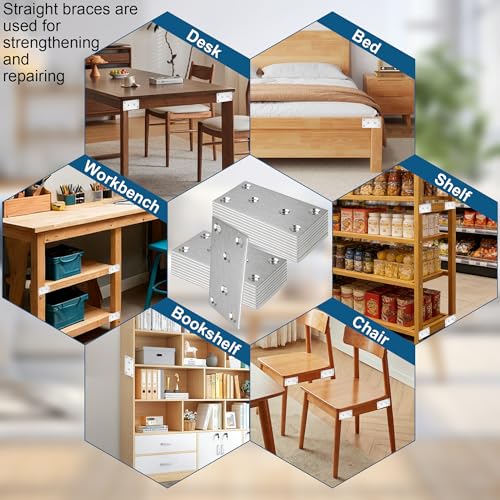 20 Pack Flat Straight Brace Bracket, 4 x 2 inch Silver Steel Stainless Mending Plate with Screws, Flat Metal Brackets for Wood Furniture Shelves Repair