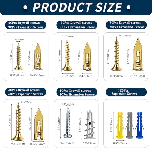 660PCS Self Drilling Drywall Anchors with Screws Kit,5-Sizes Metal Expansion Bolt for Dry Wall,330 PCS Sheetrock Anchors and 330 PCS Screws-No Drill Needed 660