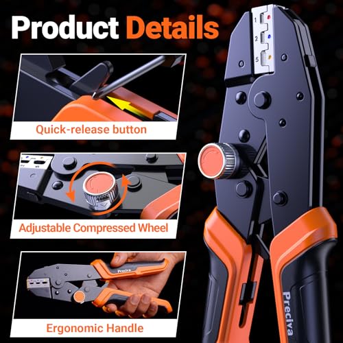 Preciva Crimping Tool Kit with 6 Interchangeable Jaws, Adjustable Ratchet Crimper with Pressure Knob, 361pcs Terminals, Ergonomic Handle & Storage Case – MC4 Crimping Tool for Electrical Work 361