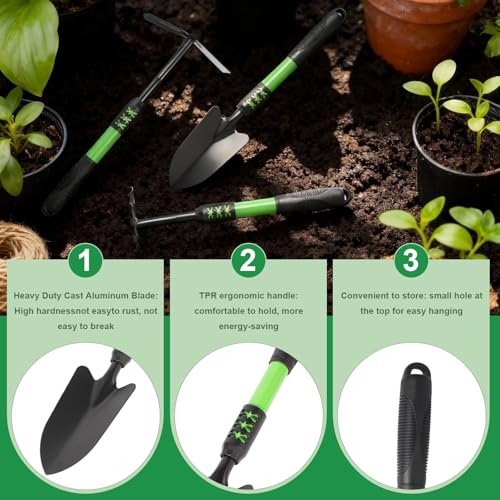 Garden Tools Set, 4 Pack Gardening Tools, Stainless Steel Heavy Duty Hand Cultivator, Hoes, Spade Shovel, for Planting Weeding Digging, Gardening Gifts for Women, Green