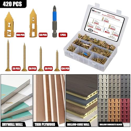 420 Pcs Self Drilling Drywall Anchors with Screws Kit, 2 Sizes Drywall Anchors and 4 Sizes Zinc Plated Screws, Holds Up to 100lbs, No Pre-Drill Needed, for TV, Shelf Straps, Picture Frames 2 Sizes-420 PCS