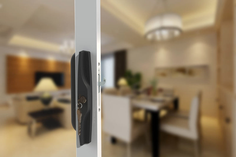 House Guard Black Sliding Glass Door Handle Set with Lock and Key | Fits 3-15/16 in screw holes; keyed mortise lock, reversible, for 1-3/16 to 2 in doors