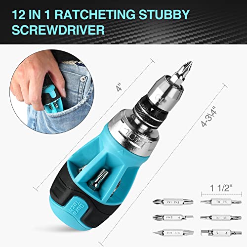 DURATECH Magnetic Tape Measure 25FT with Fractions 1/8, Retractable Measuring Tape with Stubby Ratcheting Screwdriver, 12-in-1 Multi-bit Short Screw Drivers, Innovated Bits Quick-Load Mechanism