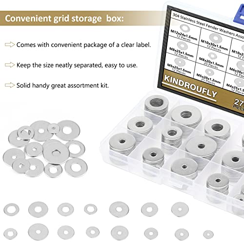 270 Pieces 15 Sizes Large Fender Washers Assortment Kit, 304 Stainless Steel Washers, Fender Washers, Metal Washers Assortment Kit (M3 M4 M5 M6 M8 M10 M12)