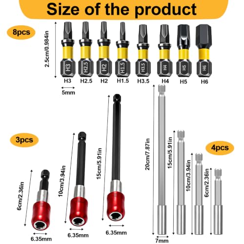 Bit Extension & Bit Holder Magnetic 1/4 Inch for Drills | 4 x hexagonal extensions 60-200 mm, 3 x self-locking 60-150 mm, 8 x bits H1.5-H6, variable length dimensions