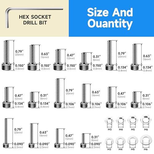 900Pcs M3 M4 M5 M6 Machine Screw Assortment Kit, 304 Stainless Steel Screws, Hex Socket Head Cap Metric Bolt Assortment with Washers and Nuts for 3D Printer Silver 900Pcs M3 M4 M5 M6