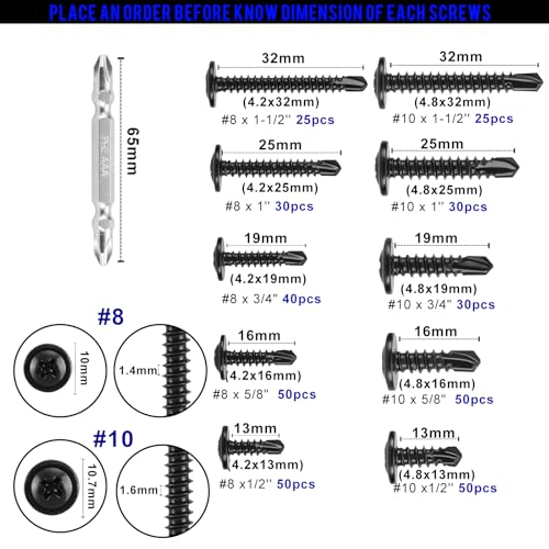 500Pcs Black Self Tapping Screws for Metal, 410 Stainless Steel, #8#10 Truss Head Self Drilling Screws, Sheet Metal Screws, Phillips Drive Deck Screws Kit with 1 Bits, Length 1/2" to 1-1/4''