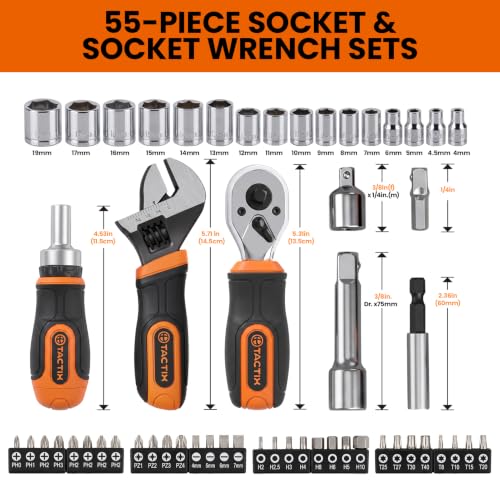 Tactix 55-Piece Stubby Socket Wrench Set, Ratchet Screwdriver & Quick-Release Socket Wrench, Adjustable, 1/4'' & 3/8'' Socket, Bits, CR-V Metric, Garage Repair, Home Use, with Portable Hard Case 55-Piece Socket Wrench Sets
