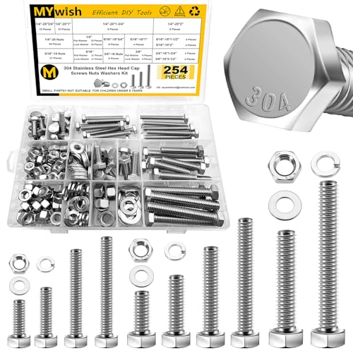 Mywish 254Pcs Bolts and Nuts Kit & 355PCS Black SAE Hex Head Nuts and Bolt Assortment Kit, 304 Stainless Steel Assorted Screws Nuts and Bolts with Drill Bits, Bolts and Nuts Kit with Flat Spring Washe