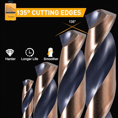 29Pcs Drill Bit Set, 135 Tip HSS with Black and Gold Finish, Metal Twist Jobber Drill Bit Kit for Hardened Metal, Steel, Plastic, Wood with Indexed Storage Case, 1/16" - 1/2" HSS-29PCS