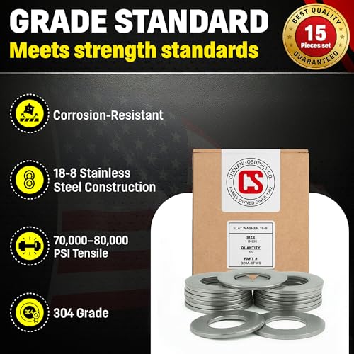 Chenango Supply 1 Inch Stainless Steel Flat Washers – 304 Stainless Steel 18-8, Corrosion-Resistant Flat Washers, 25 Pieces (1" Flat Washer) 1" Flat Washer