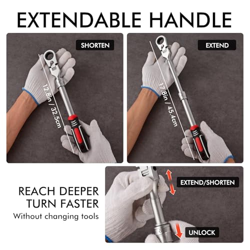 Extendable Ratchet Wrench Set with 1/4", 3/8", and 1/2" Drive Adapters, 72-Tooth Fine Ratcheting, 180° Flex-Head for Tight Spaces