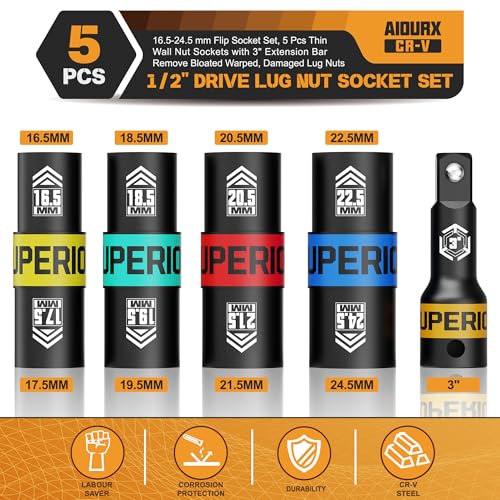 1/2" Drive Lug Nut Socket Set, 16.5-24.5 mm Flip Socket Set, 5 Pcs Thin Wall Nut Sockets with 3" Extension Bar, Remove Bloated Warped, Damaged Lug Nuts 5PCS：16.5MM-24.5MM