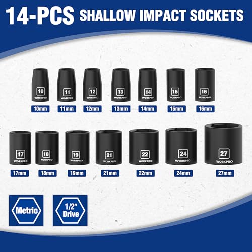 WORKPRO 1/2” Drive Shallow Impact Socket Set, Metric Cr-V Steel 6-Point Socket Set with Storage Case for Automotive Maintenance and Repairs (14PCS 10-27mm) 14 PCS, Metric