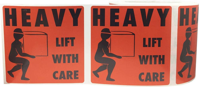 Heavy Lift with Care Labels – 4 x 4 Inch Adhesive Stickers, 500 Total Labels Per Roll for Shipping, Warehouses, Pallets, and Inventory Handling – Made in the USA