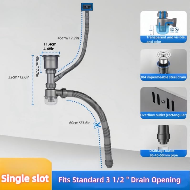 Single Sink Kitchen Drainage Kit Space Saving Flexible Drain Pipe Flexible P-Trap Drain Strainer with 3-1/2 Inch Kitchen Sink Drain Assembly Kit One sink drain kit Gray