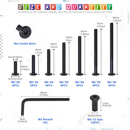Glarks 85Pcs M6x20/ 30/40/ 50/60/ 70/ 80mm Black Hex Drive Socket Cap Bolts Kit, Allen Head Countsunk Furniture Crib Bolts Nuts Screws for Chair Table Cabinets M6x20/30/40/50/60/70/80mm
