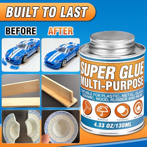 Super Glue with Brush (130ml) - All Purpose Strong Clear Adhesive, Waterproof Superglue Multi-Purpose Glue Gel for Wood, Ceramic, Glass, Leather, Plastic, Rubber, DIY Crafts & Industrial Repairs