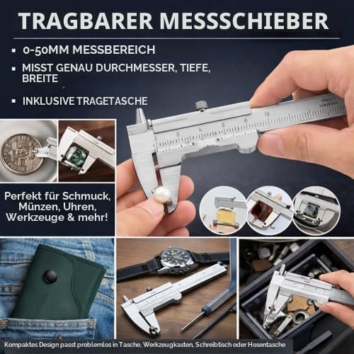 Vernier Caliper 0-50mm Stainless Steel Portable High Accuracy Small Portable Measuring Tool for DIY Household Jewelry Coins Gemstones Antique Student Caliper