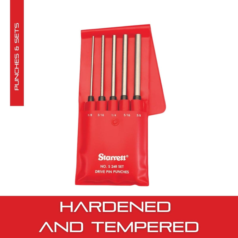 Starrett Extra-Long Drive Pin Punch Set with Knurled Grip and Protective Vinyl Case - 8" Length, 1/8", 3/16", 1/4", 5/16", 3/8" Punch Diameter - Set of 5 - S248PC 5 Piece Set