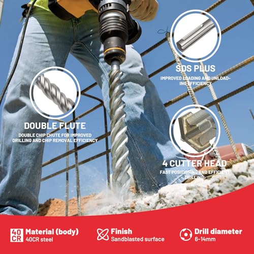ZKH 1-1/8" x18" SDS Plus Rotary Hammer Drill Bit, 4 Cutter Crossed-Tipped, Wide Double Flute, Precise Fast Drilling, 40CR, Carbide Tipped SDS Plus Bit for Brick, Stone, Concrete 1-1/8" x16" x18" 1-1/8" x16" x18"