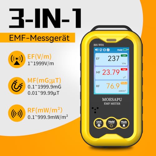 EMF Meter, 3-in-1 Electromagnetic Field Detector for EF, MF and RF Fields, Electromagnetic High Frequency Monitor, Portable Rechargeable Battery Reader for Microwave Ghost Hunting